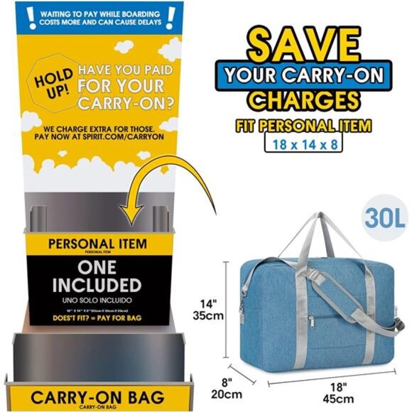 For Spirit Airlines Personal ItemBag 18x14x8 Foldable Travel DuffelBag Underseat - Picture 2 of 7